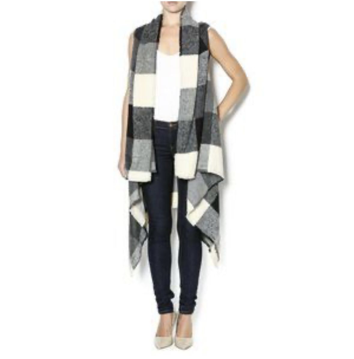 New C. Luce Buffalo Check Wool B Blanket Shawl Collar Open Front Waterfall Scarf Vest