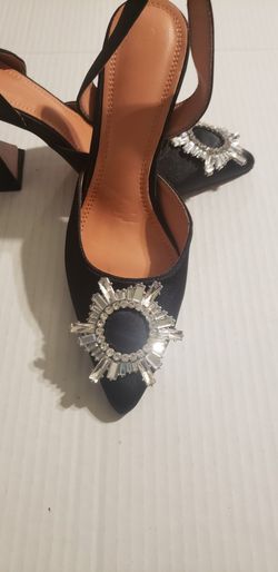 Women’s Black Satin Rhinestone Spool Heel Slingback Pumps Shoes Sz 6.5