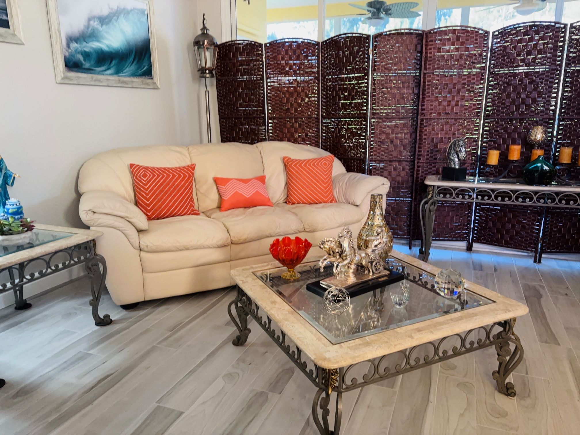 Leather Sofa & Chair With Tables (living Room Set)
