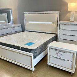 Led White Bedroom Set Queen or King Bed Dresser Nightstand Mirror Chest Options 