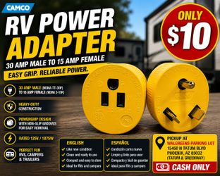 Camco PowerGrip 30AM/15AF Camper & RV Electrical Adapter Features 30-amp male (NEMA TT-30P) & 15-amp female (NEMA 5- 15R) Connections -