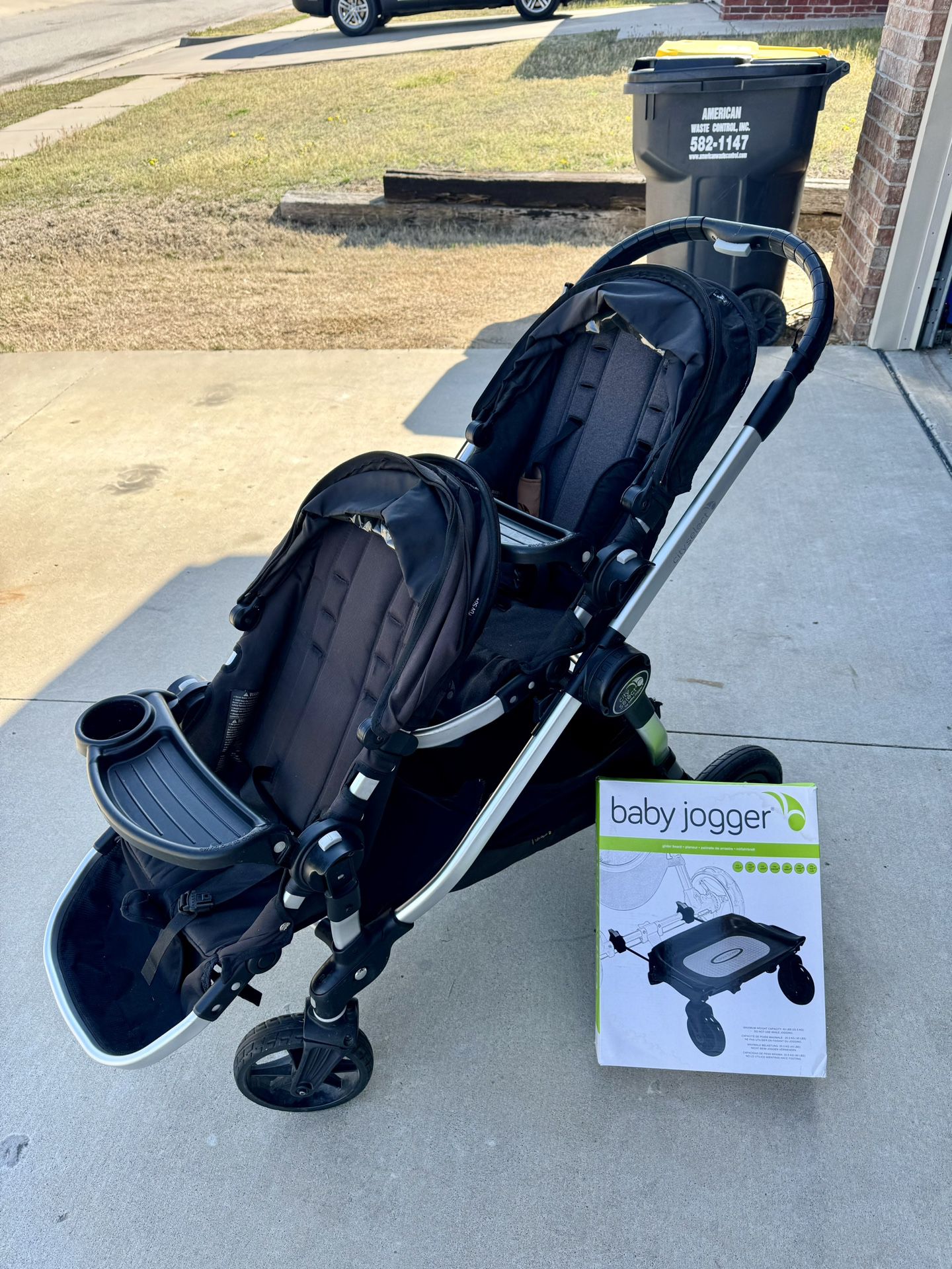 Baby Jogger City Select Stroller With Two Seats And Third Ride On Glider Kickboard 