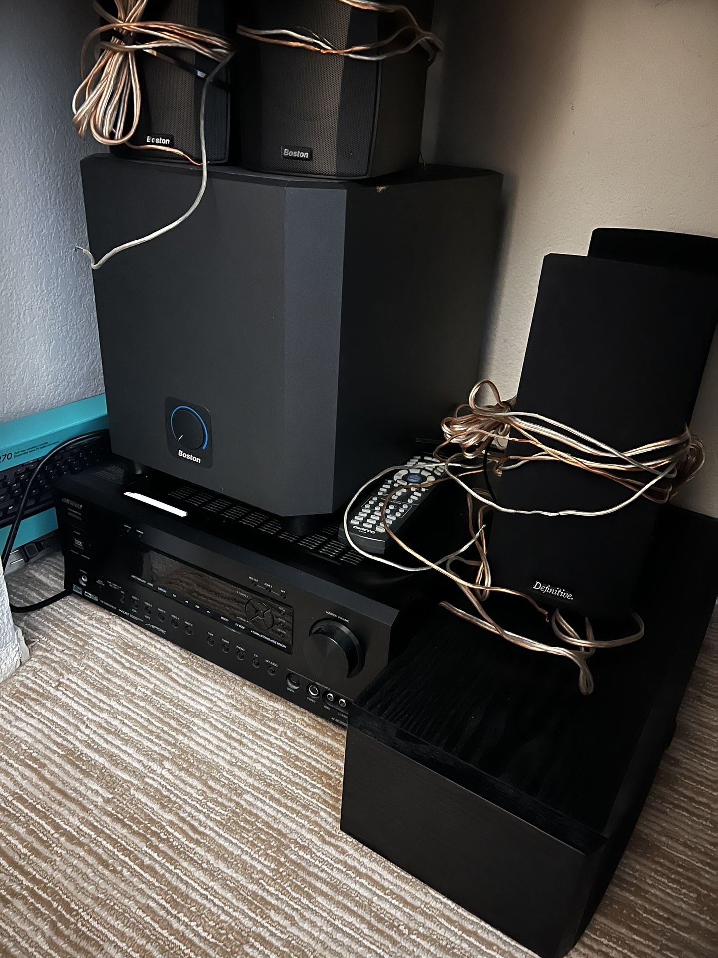 Onkyo Receiver, Boston/Definitive Audio Speakers, Boston Subwoofer For Sale