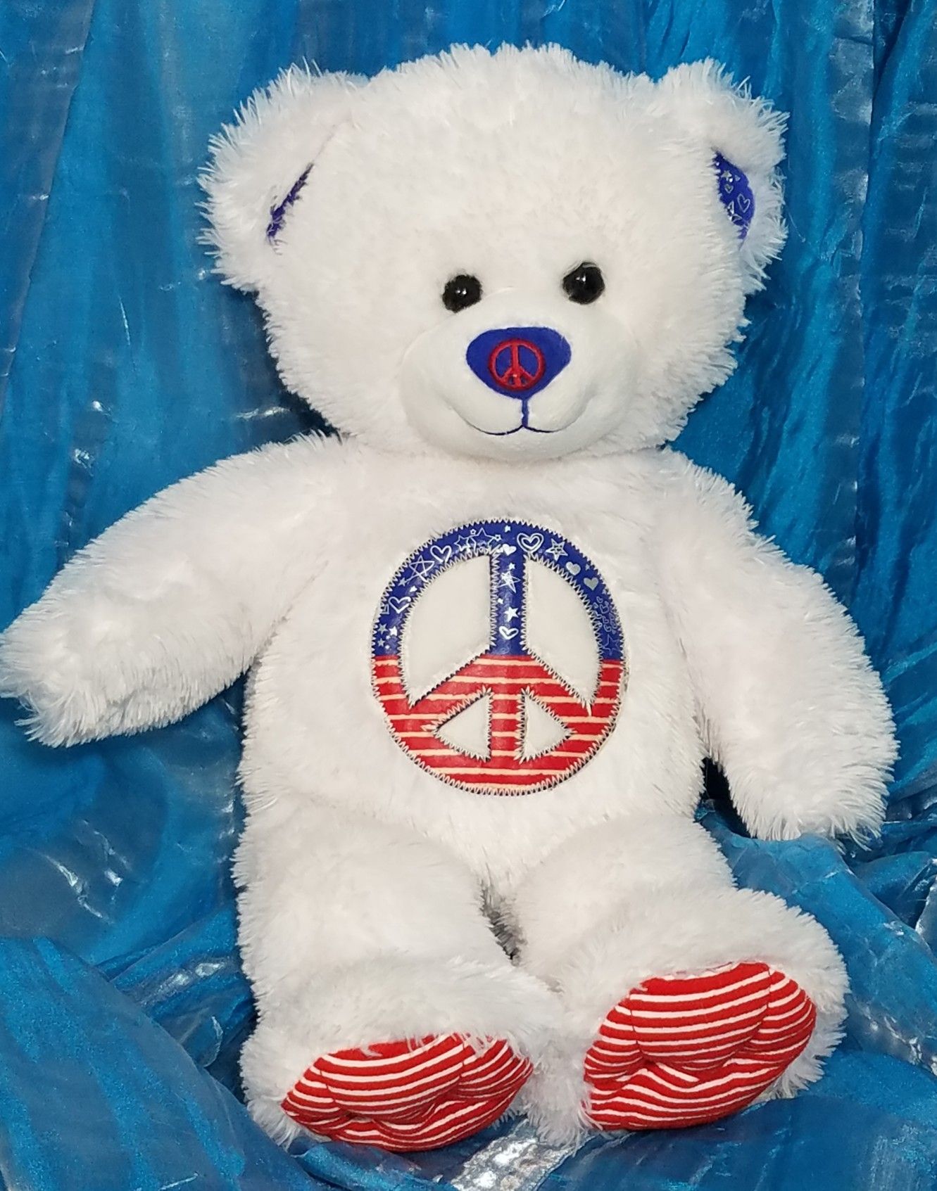 Build-A-Bear patriotic peace sign Teddy plush toy red white & blue 17"