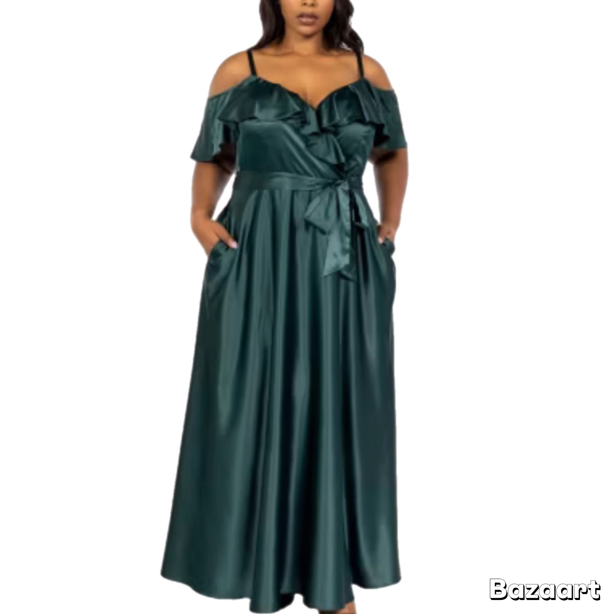 SZ 16 Green Satin Flutter Sleeve Cold Shoulder Belted Maxi Dress Premier Amour