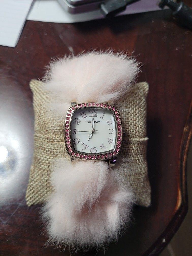 Women's P.O.V. Pink fur-trimmed women's watch with a square case and rhinestone bezel.