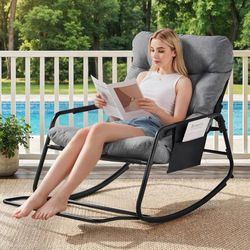 Adjustable Backrest Rocking Chair, Patio Rocking Chair with Cushion, Papasan Cha
