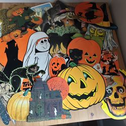 Vintage 70s 80s Halloween Die Cut Cardstock Home Decor Wall Window Pumpkin Cat Haunted House Nice Variety
