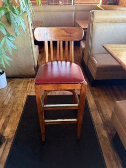 Wooden Bar Stools with Backs, Red Seats, Set of 10