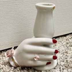 Vintage Collectible Ceramic Freestanding Hand Candle Vase Flowers Plant Holder Home Decoration Accent With Trim Of Gold And Red Nails