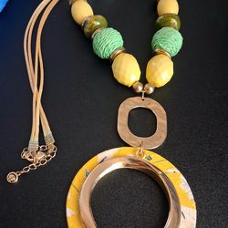 Yellow Fabric Wrapped Ring Necklace