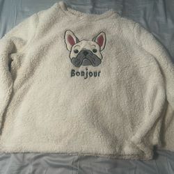 Vintage French Bulldog Womens Sweater XXL 18 -20 Thick Fleece Embroidered Bonjour