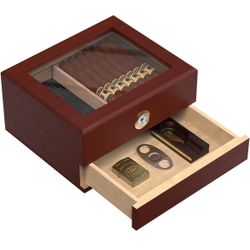Tempered Glass Top Cigar Humidor Box With Hygrometer NEW