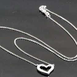 Women's 14k White Gold Diamond Heart Necklace Simple Designer Rolo Chain #20199B