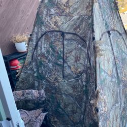 Ameristep Folding Hunting Blind Camo Multi Season Outhouse Pack-In Packable with Cabela’s chair.