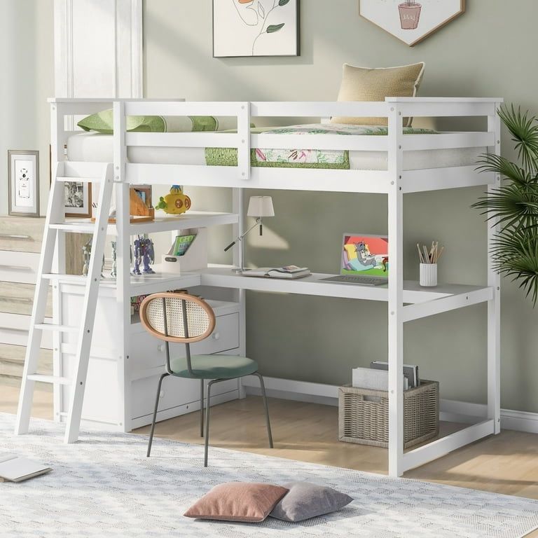 NEW Loft Bed Twin Size, Kids Loft Bed with Desk, Shelves and Dresser, Wood Loft Bunk Bed for Boys, Girls and Teens, White