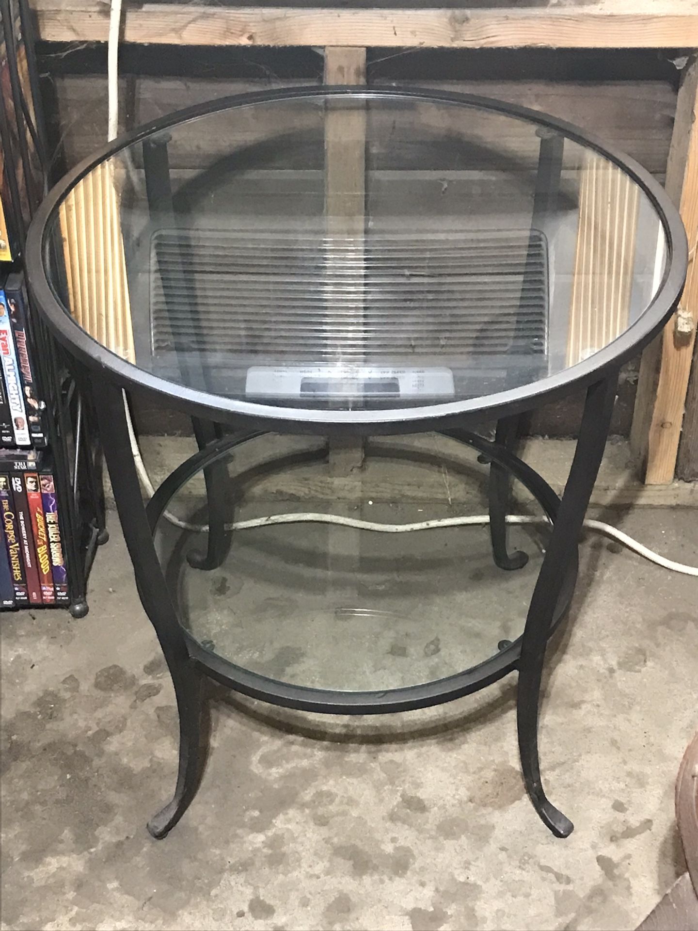 Modern Round Side Table With Glass Shelves In Black And Bronze Finish 22 Inches Round By 22 Inches High
