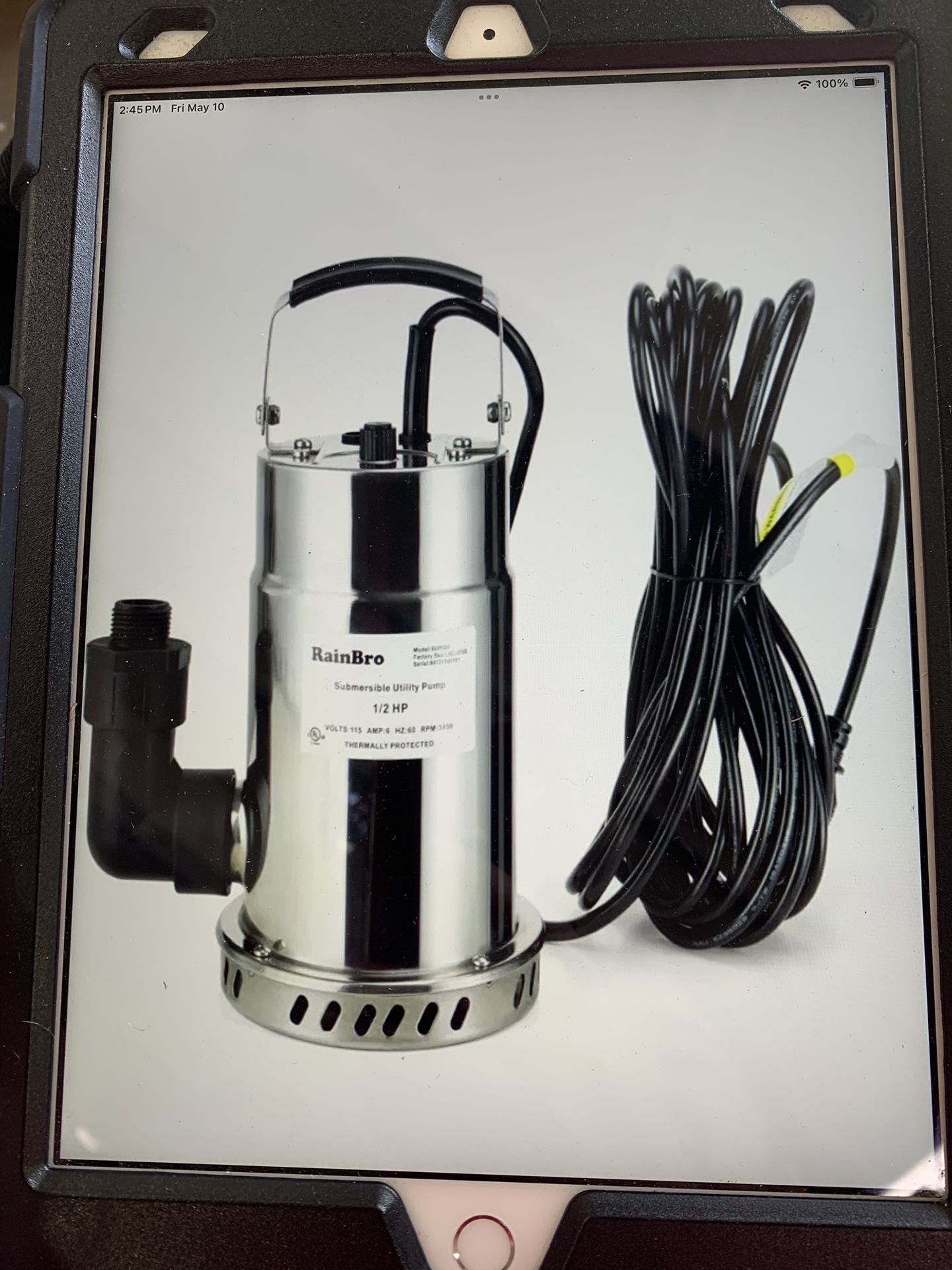 RainBro Oil Free Stainless Steel Submersible Utility Pump, Water Pump, 1/2 HP, 30ft. Power Cord, Model# SUP050 @A11