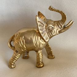 Vintage Etched Solid Brass Elephant Figurine Trunk Up Lucky