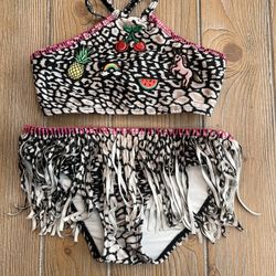 PilyQ Girls' 2-Piece Leopard Patch & Fringe Swimsuit Size 10 Retail $76