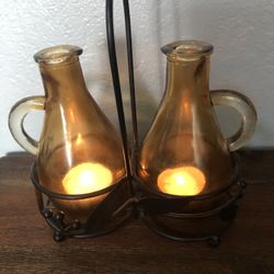 Decorative Double Bottle Shaped Glass Candle Holders In Metal Base For Mother’s Day 