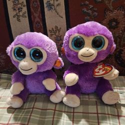   2 BEANIE  BOOS"  GRAPES " THE PURPLE & ORANGE MONKEYS PLUSH TOYS 