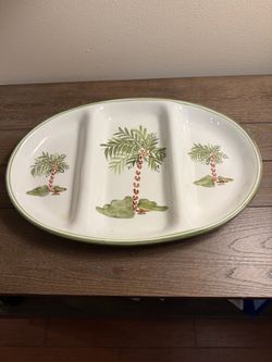 Oval Ceramic Divided Serving Tray with Palm Tree Design