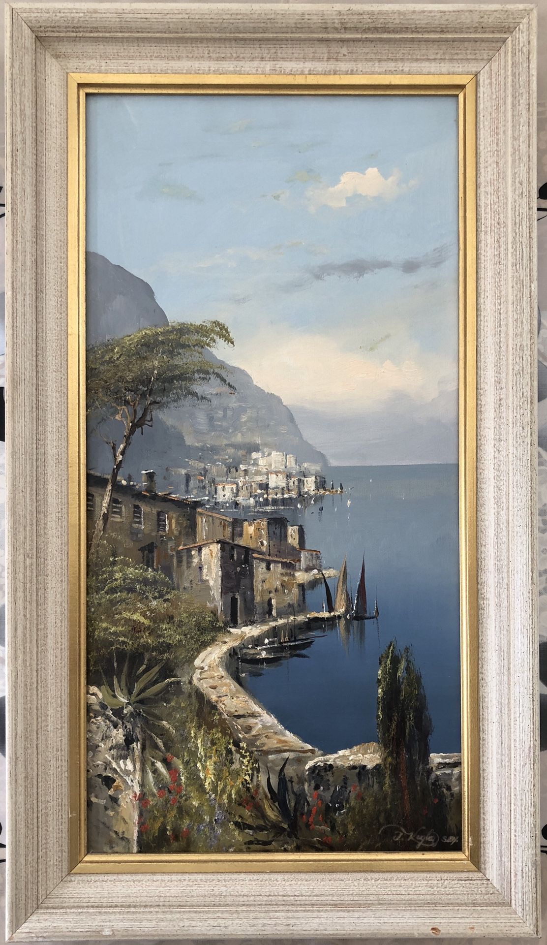 JOSEF KUGLER SEN,Original oil painting, peaceful waterfront,Fishing village,28”x16”.i have 2 more oil painting of same artist very nicely could match