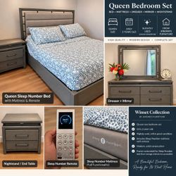 Modern Queen Bedroom Set + Sleep Number Bed – Complete Set. $950 OBO
