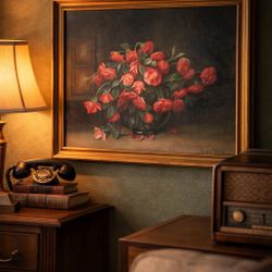 Vintage Alden Mote Floral Painting Roses Framed 31x25 Large Wall Art 