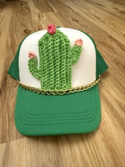 Handmade Crocheted Cactus Trucker Hat with Gold Chain Accent | Boho Desert Festival Cap
