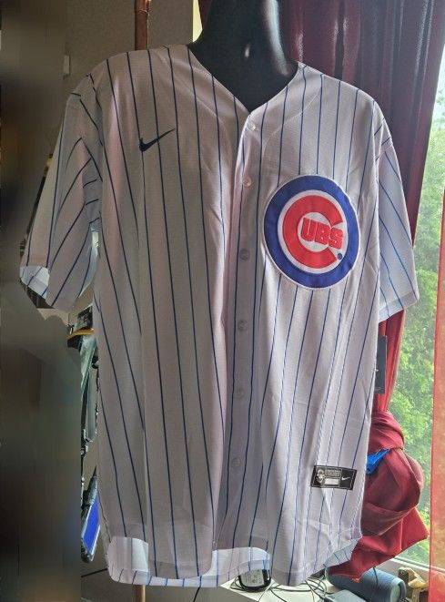 Chicago Cubs White With Blue Pinstripes Embroidered Jersey New With Tags