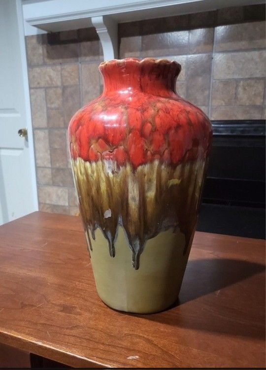 14" Hand Made Red/Brown/Tan Drip Glaze Vase