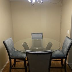 *Glass* Dining Table W Plush Blue Chairs
