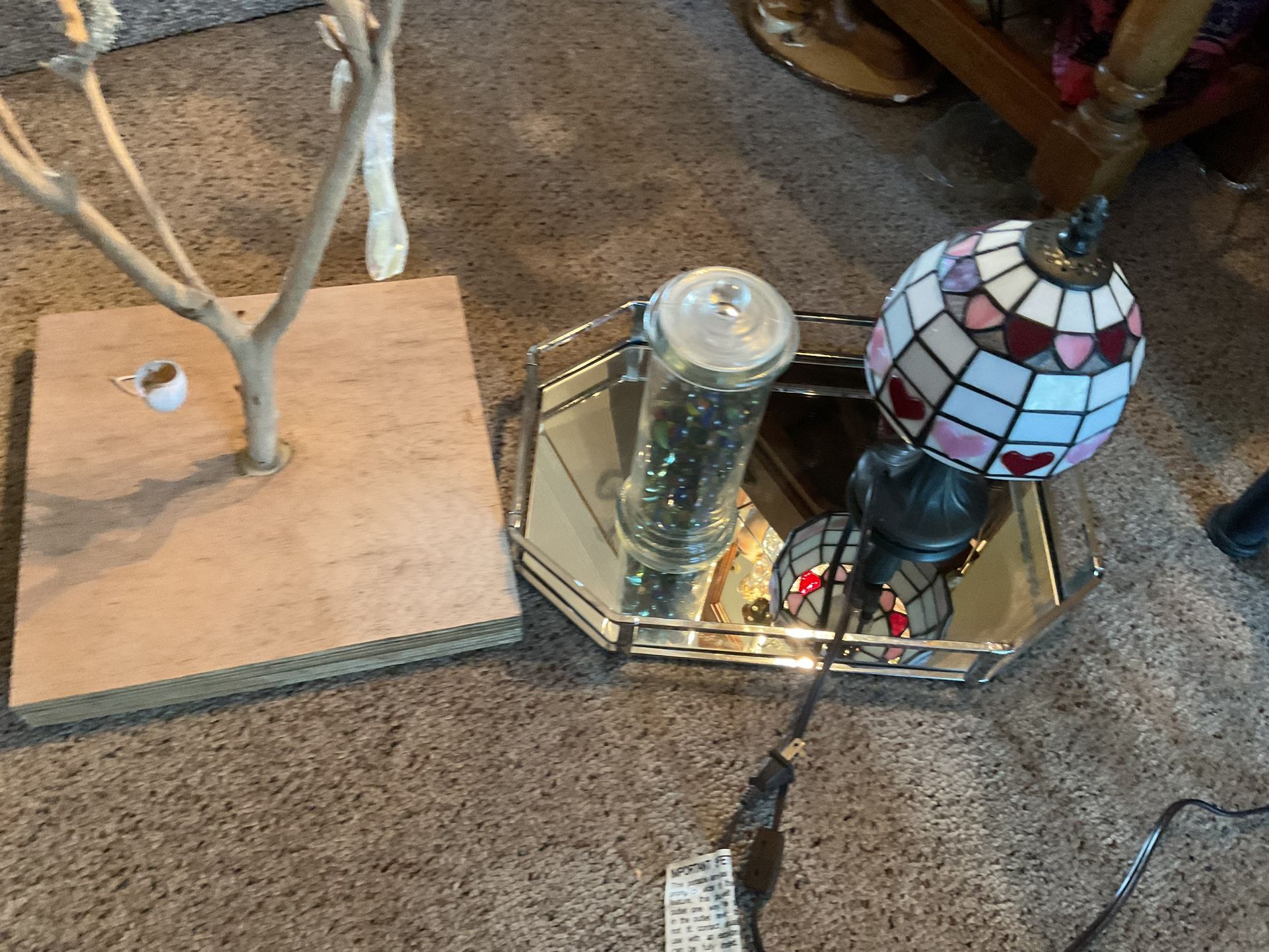 A Big Beautiful Jewelry Holder, Made In Wood, With A Glass Tray, A Bottle Of Little Marble And A Old Fashion Little Lamp (NO SHIPPING)