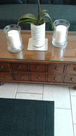 Antique Wood table w/ glass top & drawers