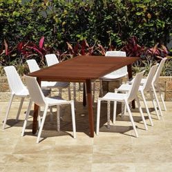Brand New 9 Piece Rectangular Table With Stackable White Chairs Patio Dining Set | Ideal Furniture Set For Outdoor
