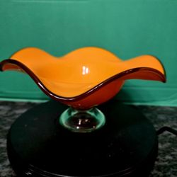 Vintage Mid Century Modern Orange Ruffled Art Glass Black Trim 9.5" Compote Pedestal Fruit Bowl 