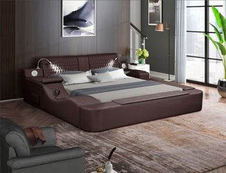 Brown Leather Platform Bed with Speakers and Massage