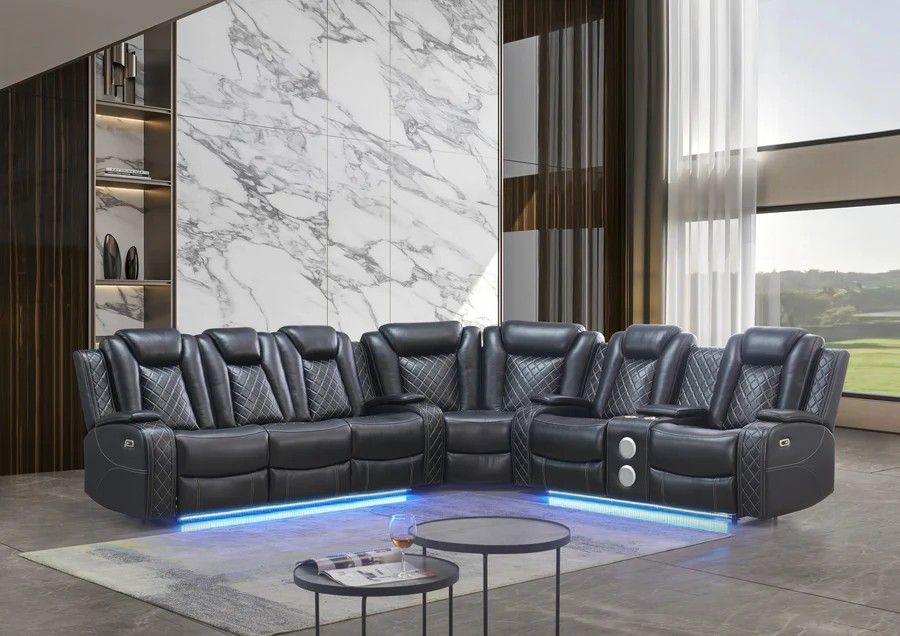 3pcs Black Leather Air Power Reclining Sectional w/ USB Speaker and LED Light