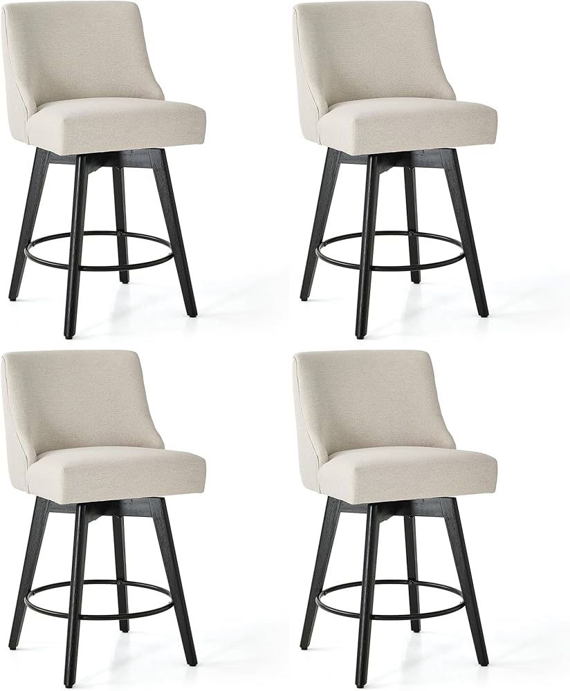 T-Counter Height Bar Stools Set of 4, Swivel Barstools with Backs and Wood Legs, Linen Fabric Upholstered Counter Stools for Kitchend Island, Mid-Cent