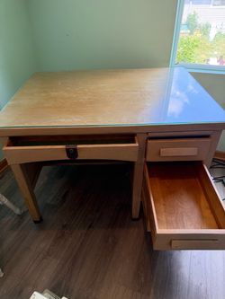 Vintage Lincoln wooden desk with glass top