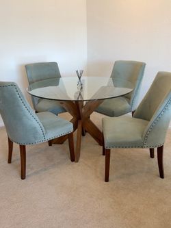 Elegant Glass Dining Table & 4 Seafoam Pier 1 Chairs