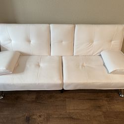 White Faux Leather Convertible Futon Sofa - Excellent Condition