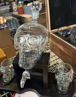 Skeleton Decanter Set with 2 Skull Shot Glasses 3oz | Gothic Skeleton Barware on Mahogany Wooden Base with Spigot | Spooky Decor Drinkware & Unique Go