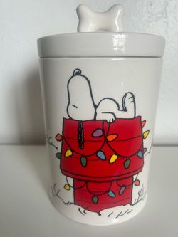 Snoopy Christmas Cookie Jar w Lid Chipped