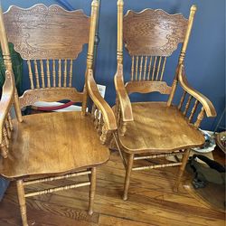 Pair Mid-Century Carved Oak Presback ArmChairs