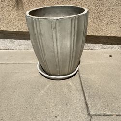 Pearl White Inch Thick Round Ceramic Planter With Ridges 20” Tall & Plant Caddy With Rollers