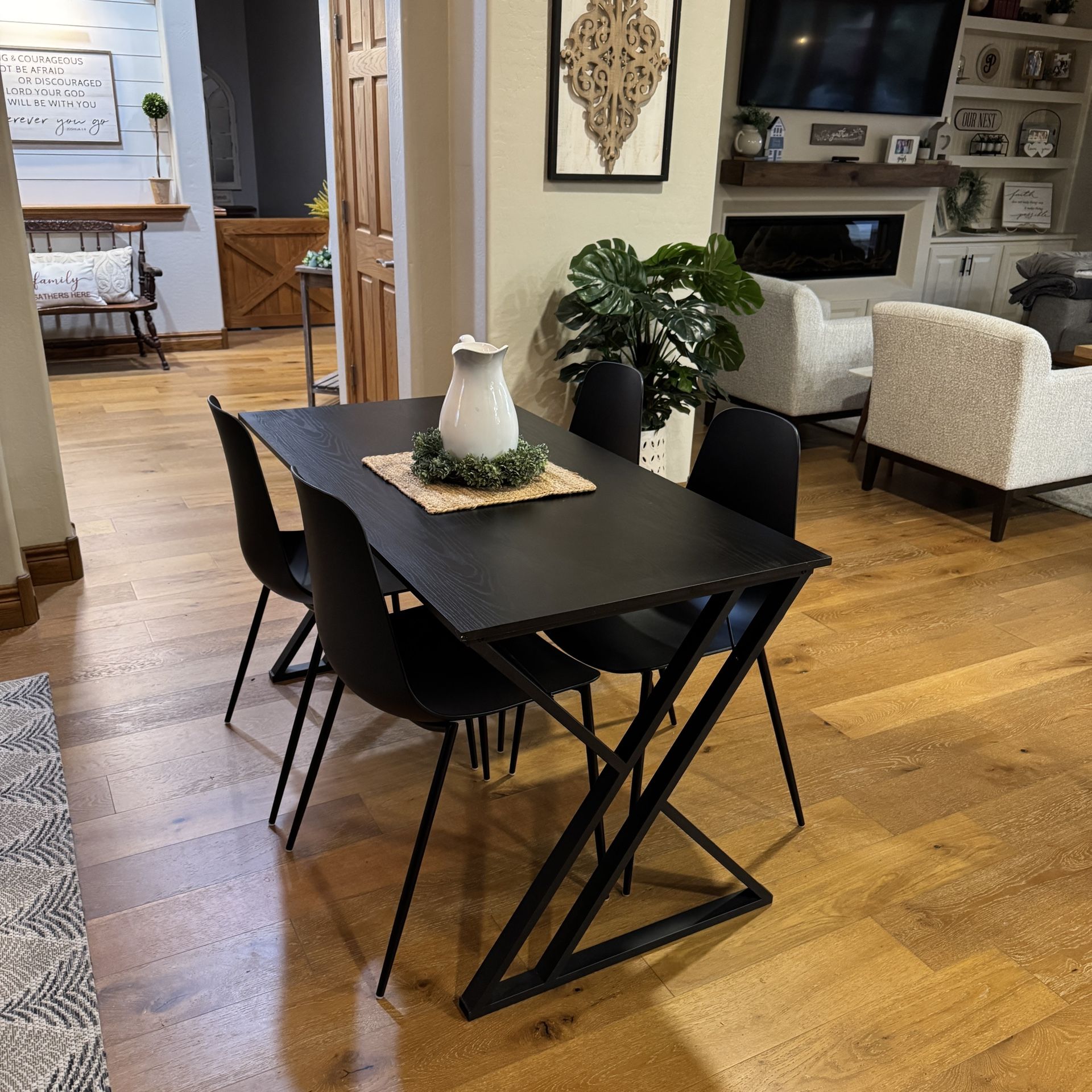 Modern Farmhouse Black Dining Room Table with (4) NEW Poly and Bark Bucket Chairs