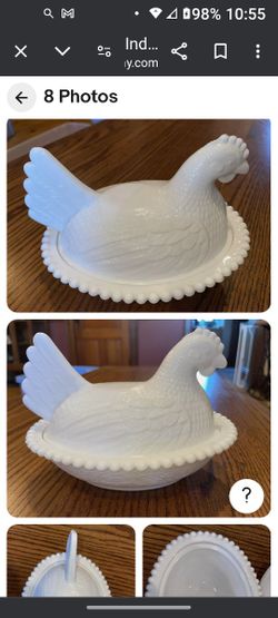 Milk glass hen on nest with cover.